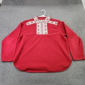 L.L. Bean Sweater Womens Large Red Fleece Mock Neck Fair Isle 1/4 Zip Pullover